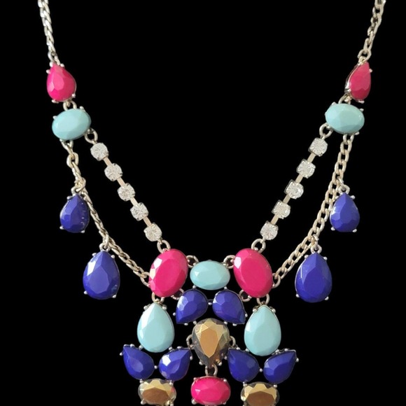 Multi Color Stones Faux Diamonds Gold Color Chain Fashion Necklace - Picture 7 of 12